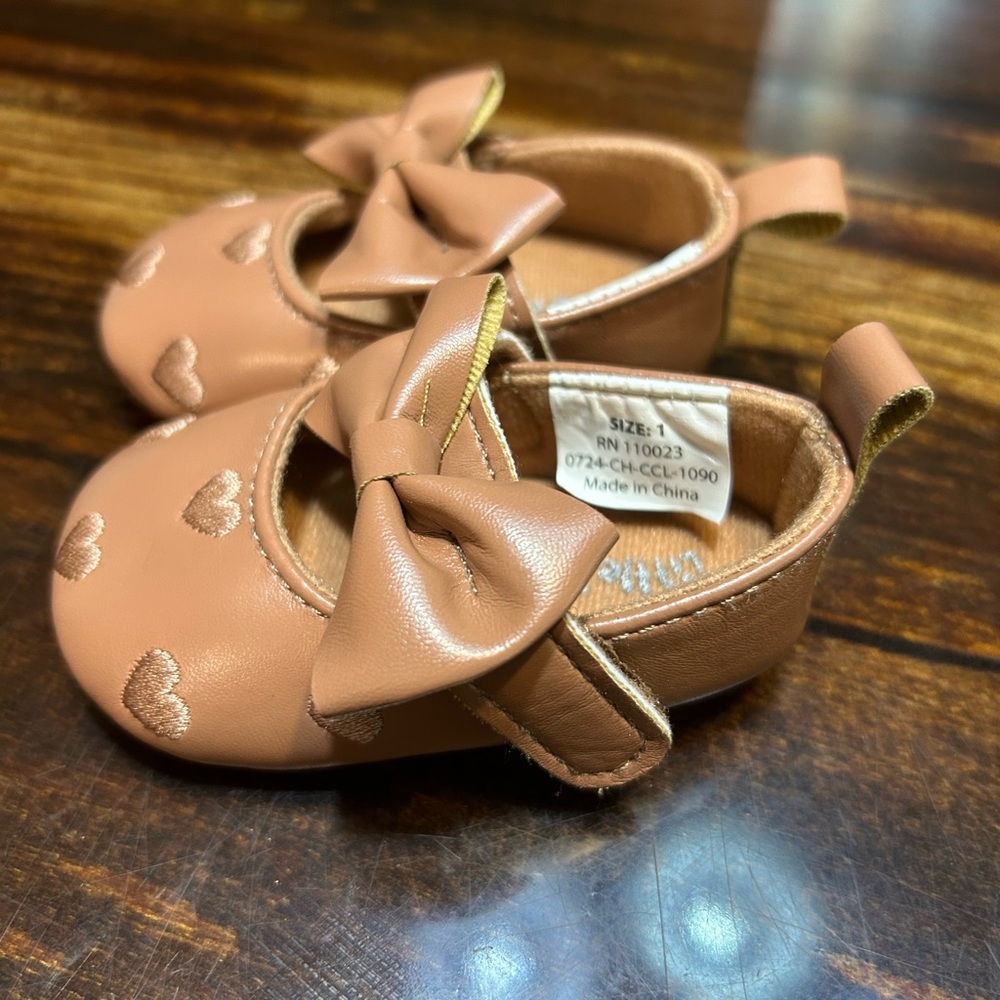 Little Me Brown Baby Shoes with Bow and Heart Accents